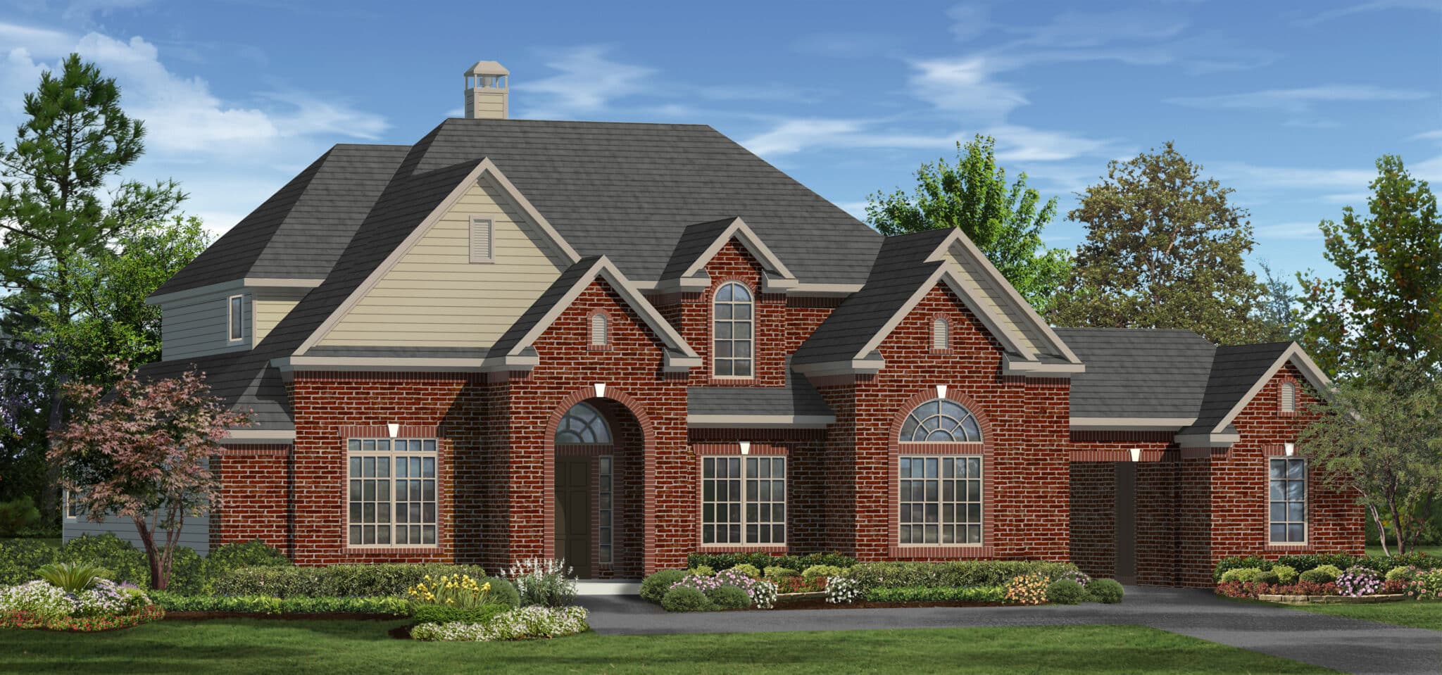 A brick home rendered amongst the top 9 floor plans for Texas, with 5 tips for finding the perfect floor plan.