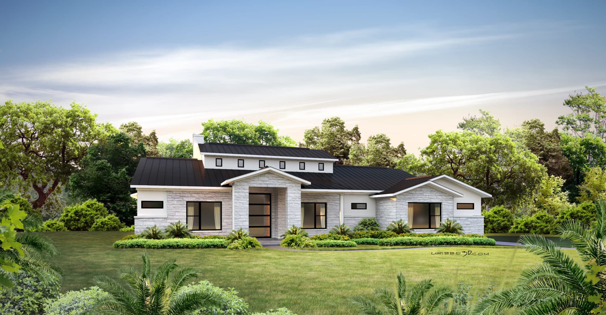 A 3D rendering of a house in a field.